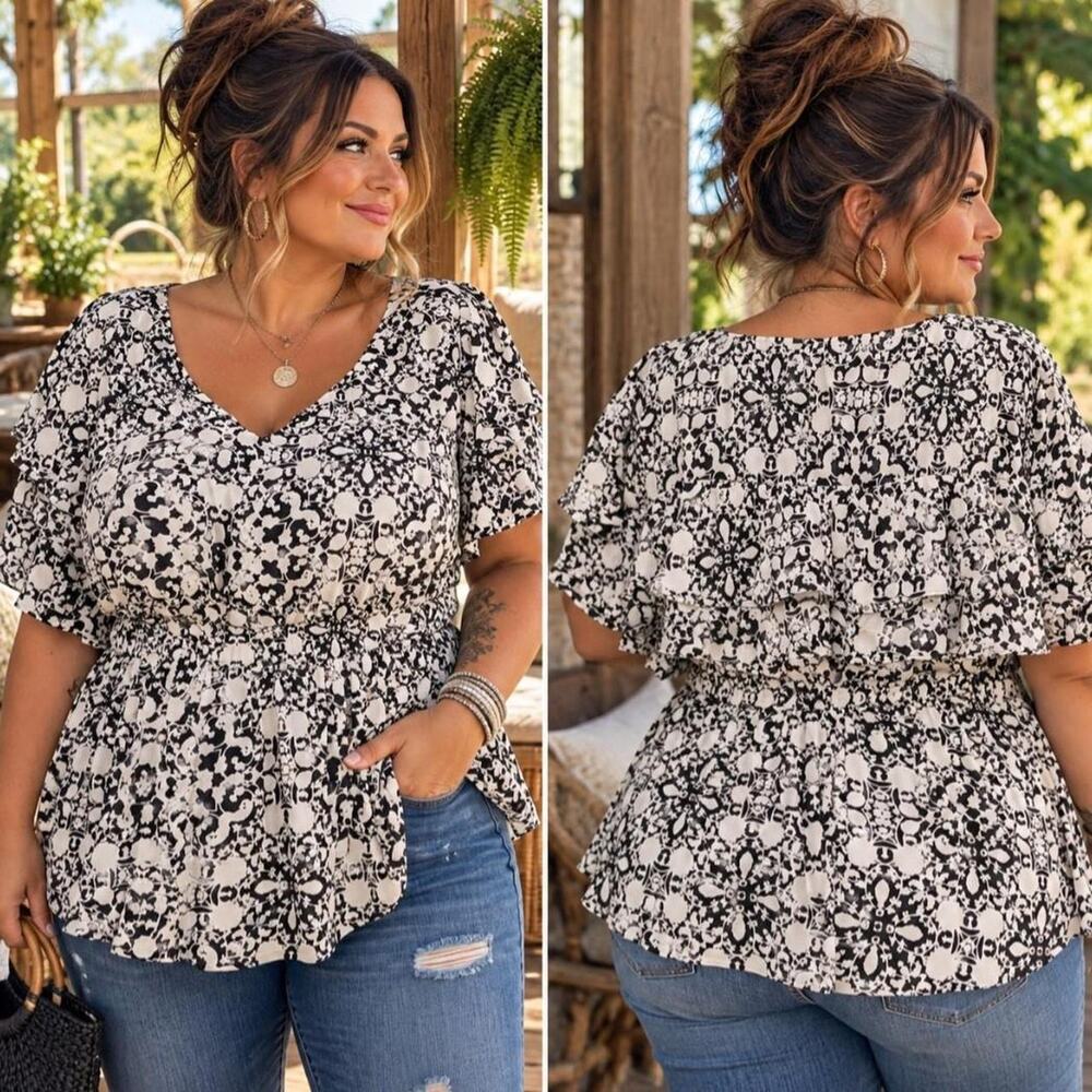 Lane Bryant black & white floral print blouse with ruffle sleeves